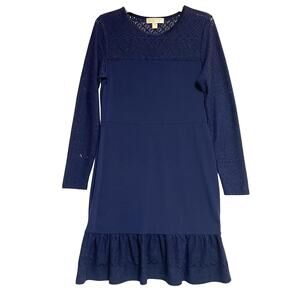 Michael Kors Blue Lace Pointelle Trim Flounce Dress, Navy Blue, Size Medium